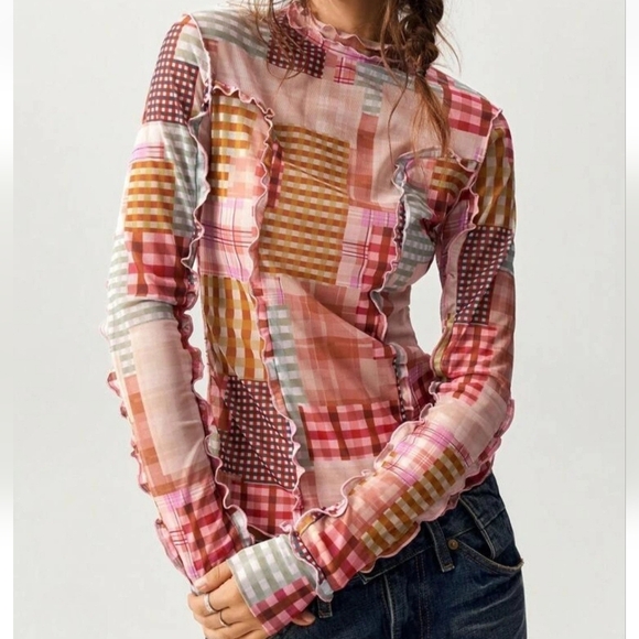 NWT Boho Asymmetrical Patchwork Plaid Mesh Top Fairy Festival Hippie Ruffle L - Picture 2 of 8